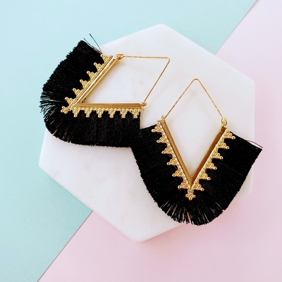 5 for $25 Black Triangle Fringe Tassel Earrings - Picture 4 of 7